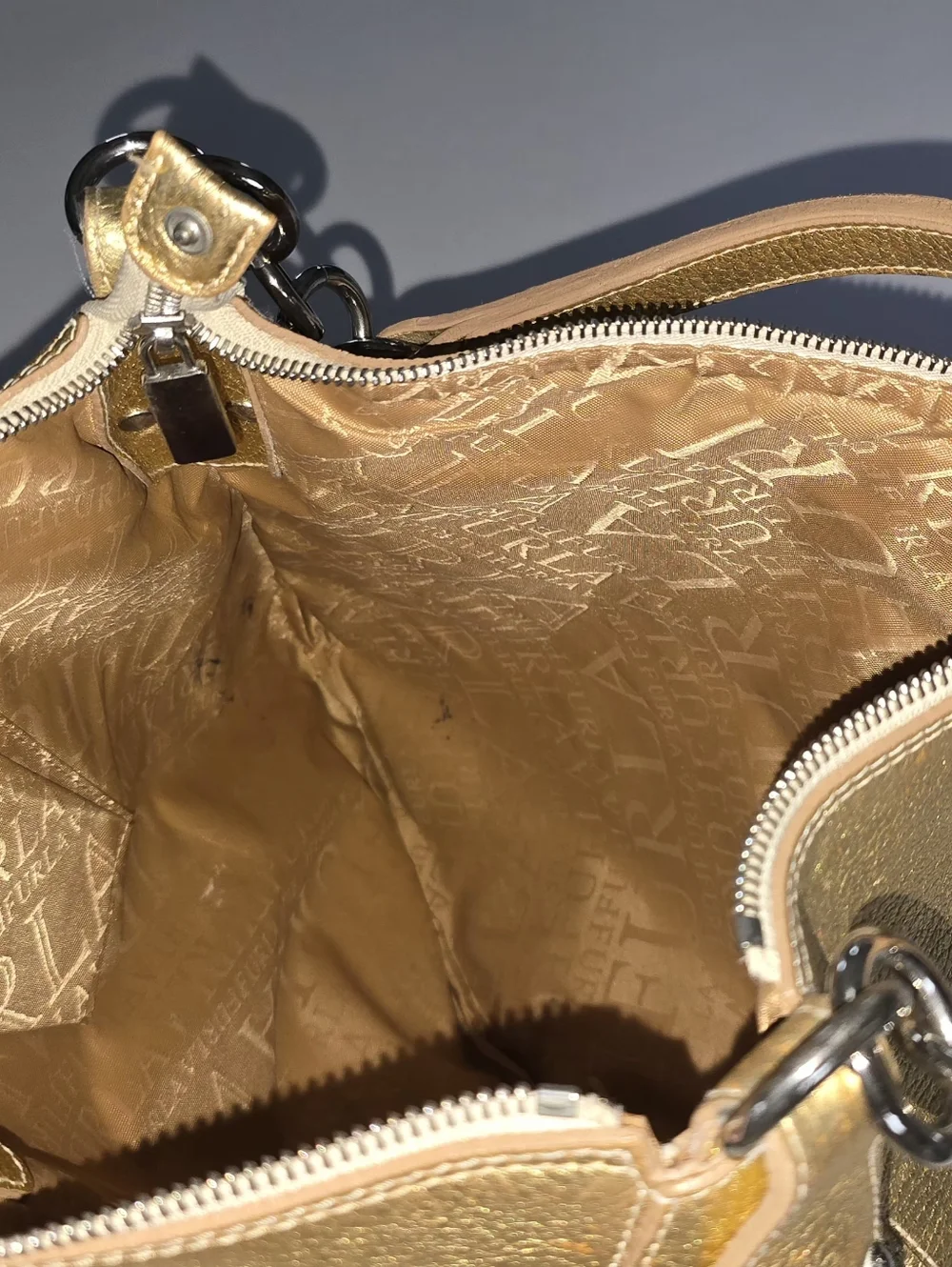 FURLA Italian Hobo Bag Gold Metallic Leather Studded, Large Shoulder Purse